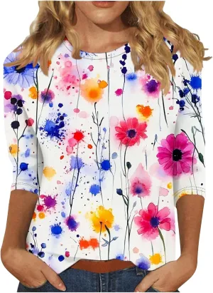 3/4 Sleeve Tops for Women Fashion Floral Print Graphic Tees Loose Fit Pullover Dressy Casual Crewneck Tunic Blouse
