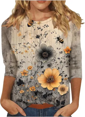 3/4 Sleeve Tops for Women Fashion Floral Print Graphic Tees Loose Fit Pullover Dressy Casual Crewneck Tunic Blouse