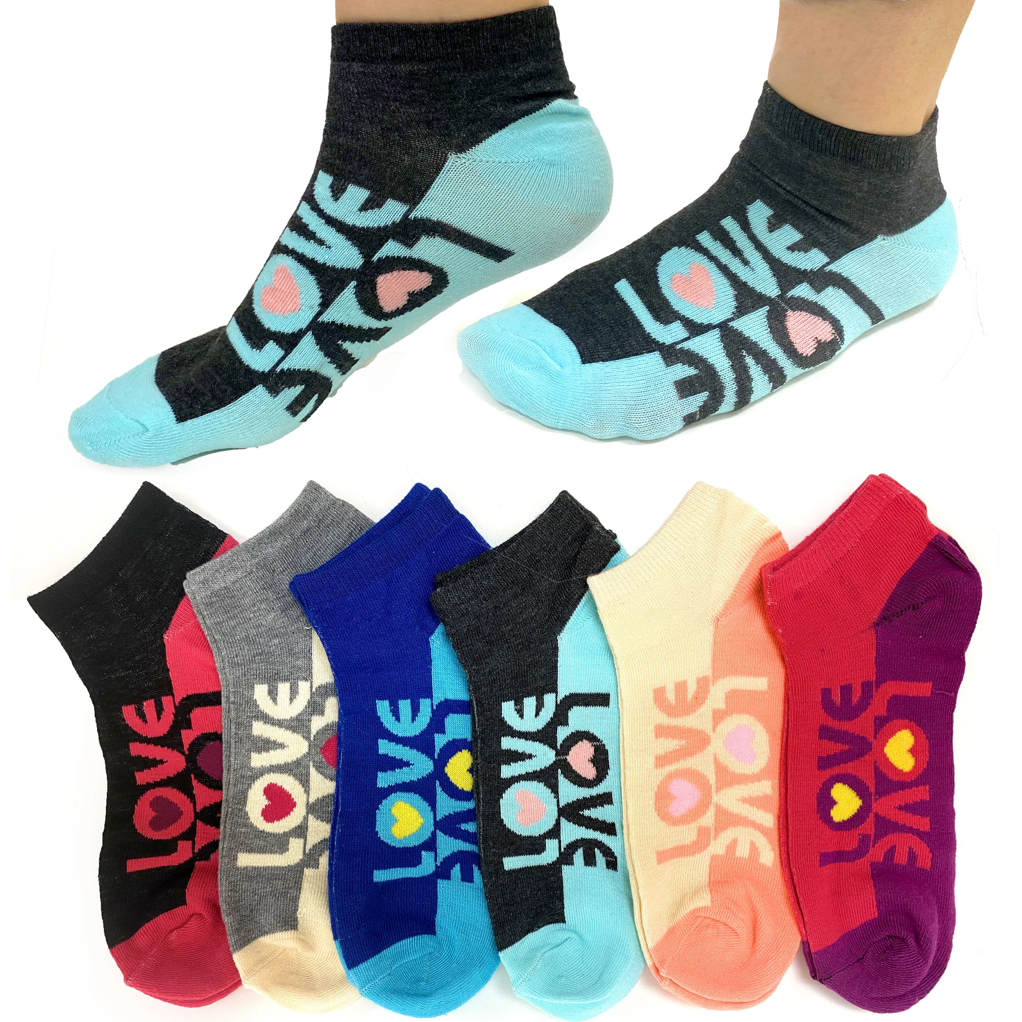 6 Pairs Women's Girls Love Ankle Socks Low Cut Cotton Colorful Casual Size 9-11