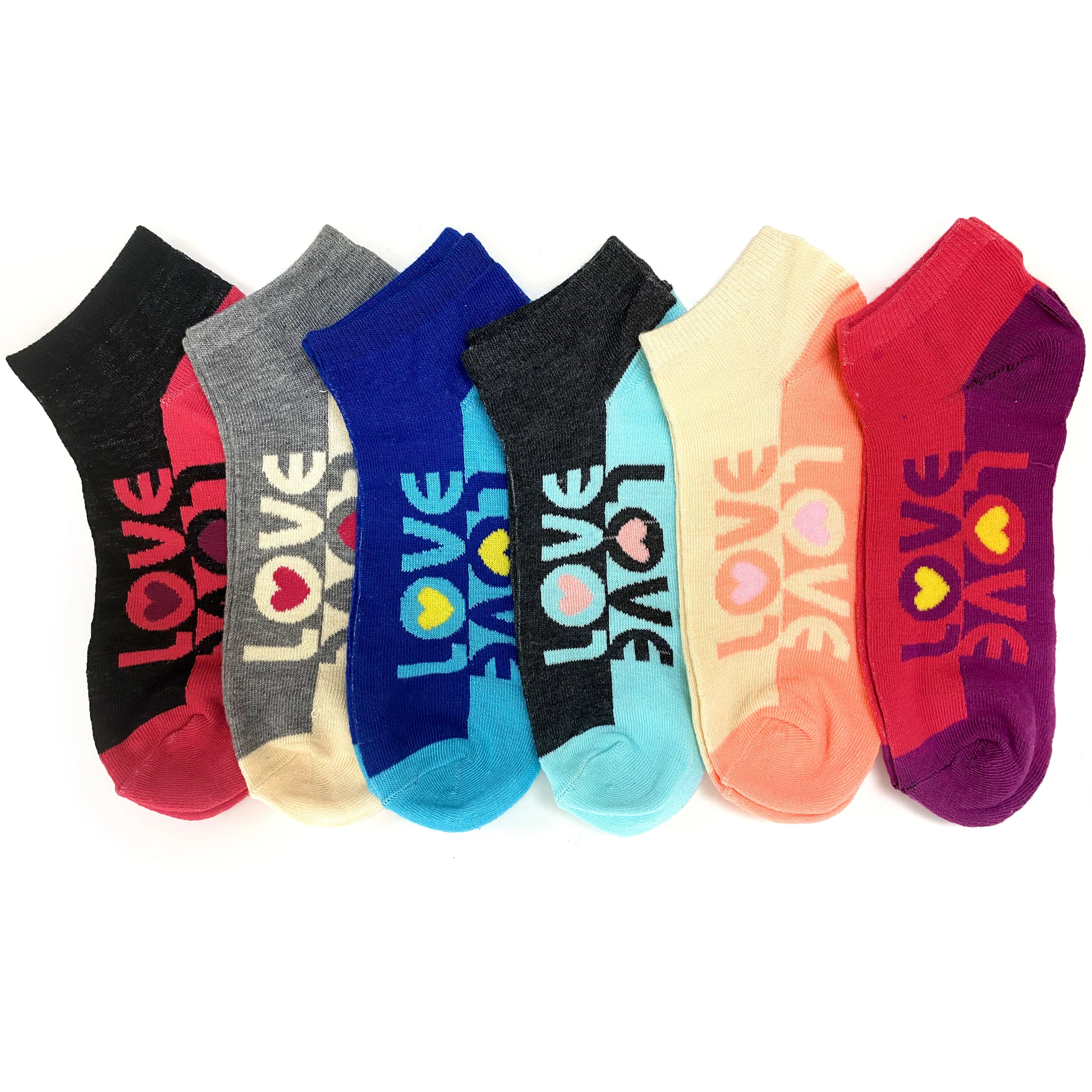 6 Pairs Women's Girls Love Ankle Socks Low Cut Cotton Colorful Casual Size 9-11