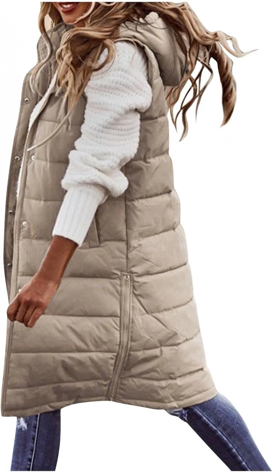 AKIWOS Women's Long Down Vest Gilets Jacket Plus Size Sleeveless Hooded Quilted Warm Parka Zip Up Padded Thick Puffer Waistcoat