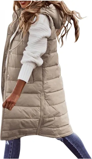 AKIWOS Women's Long Down Vest Gilets Jacket Plus Size Sleeveless Hooded Quilted Warm Parka Zip Up Padded Thick Puffer Waistcoat