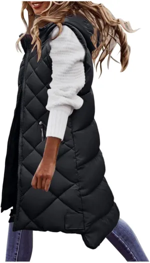 AKIWOS Women's Long Down Vest Gilets Jacket Plus Size Sleeveless Hooded Quilted Warm Parka Zip Up Padded Thick Puffer Waistcoat
