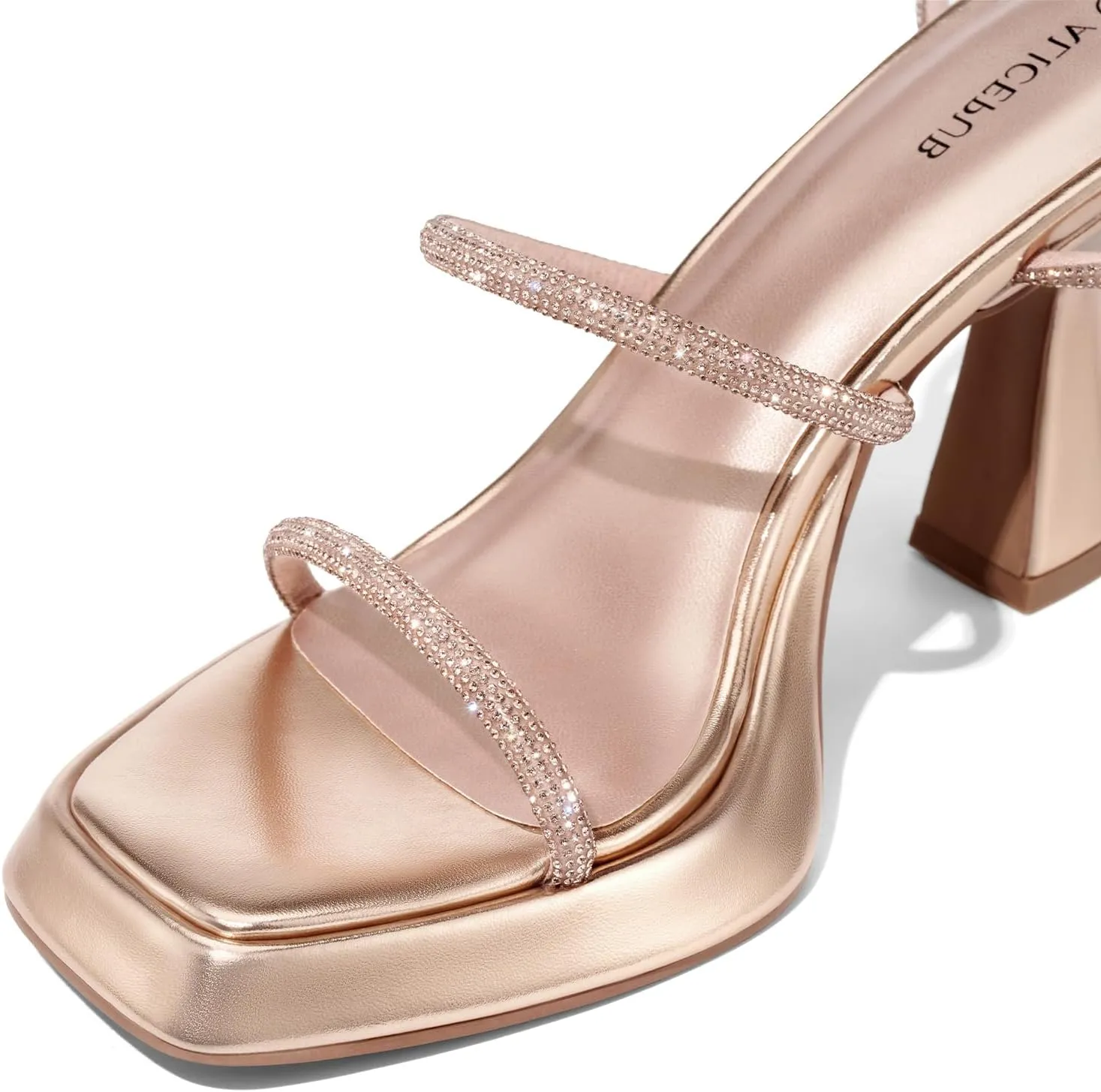 ALICEPUB Women's Chunky Block Heels Strappy Heels Square Open Toe Heeled Sandals Short Heels Comfortable Dressy Shoes Wedding Bridal Party