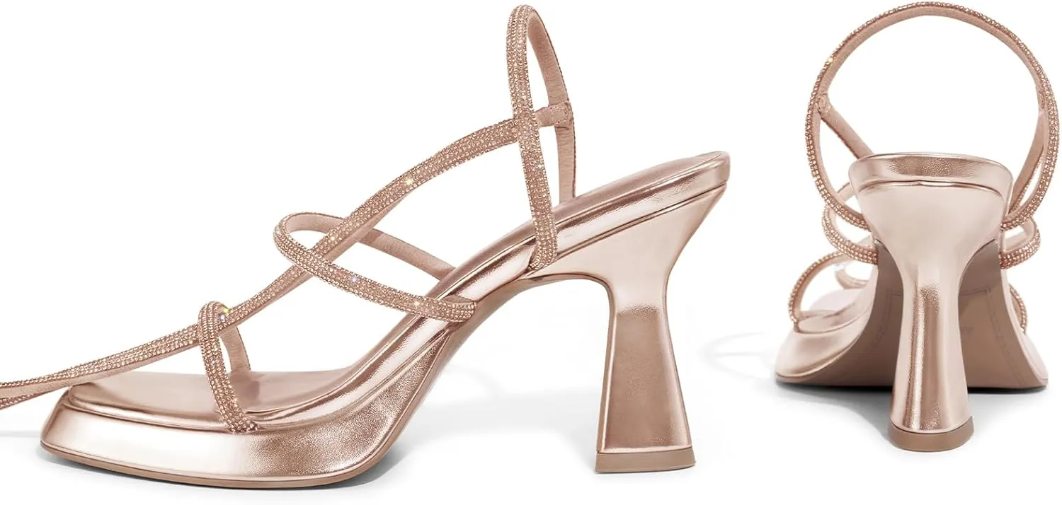ALICEPUB Women's Chunky Block Heels Strappy Heels Square Open Toe Heeled Sandals Short Heels Comfortable Dressy Shoes Wedding Bridal Party
