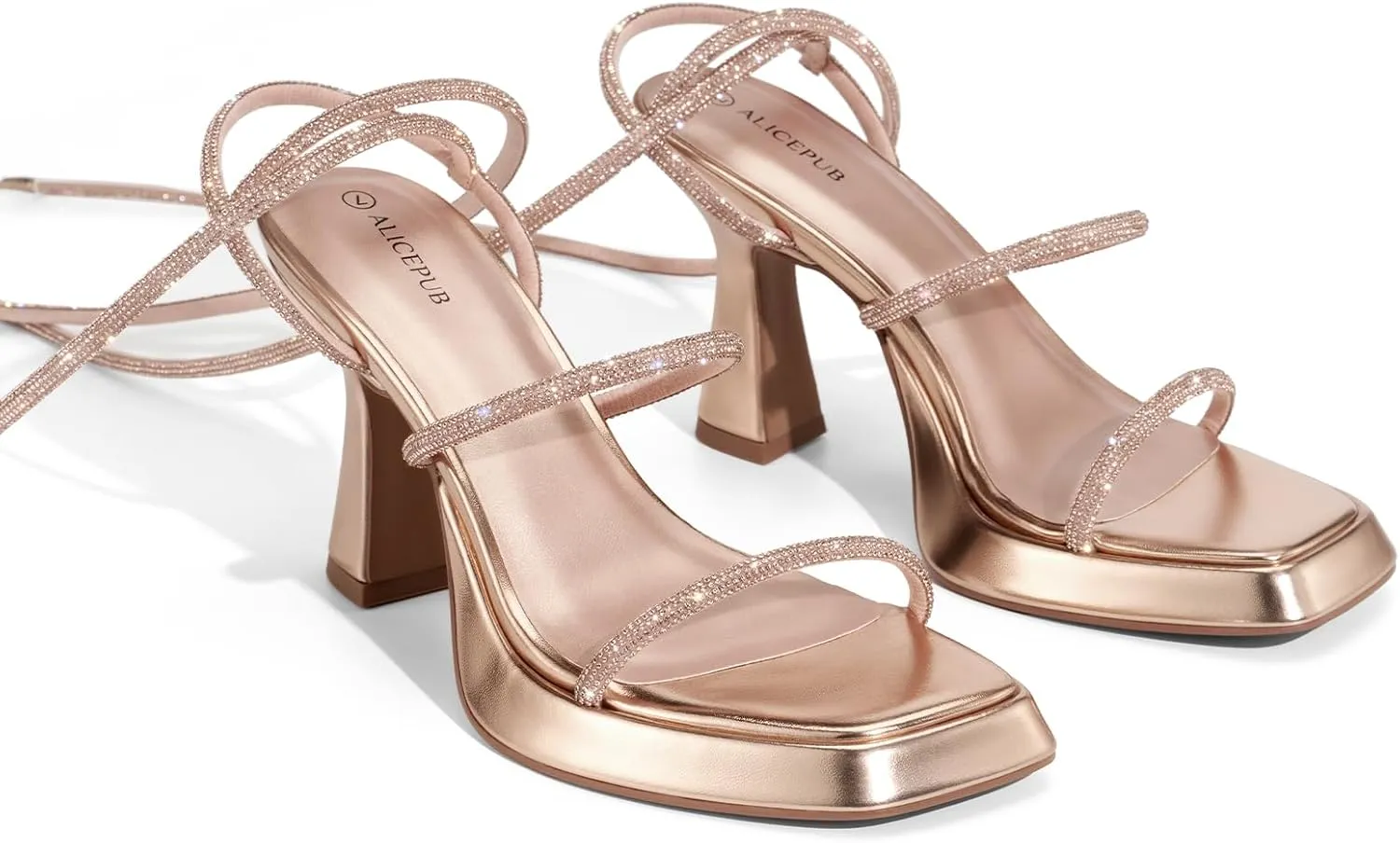 ALICEPUB Women's Chunky Block Heels Strappy Heels Square Open Toe Heeled Sandals Short Heels Comfortable Dressy Shoes Wedding Bridal Party