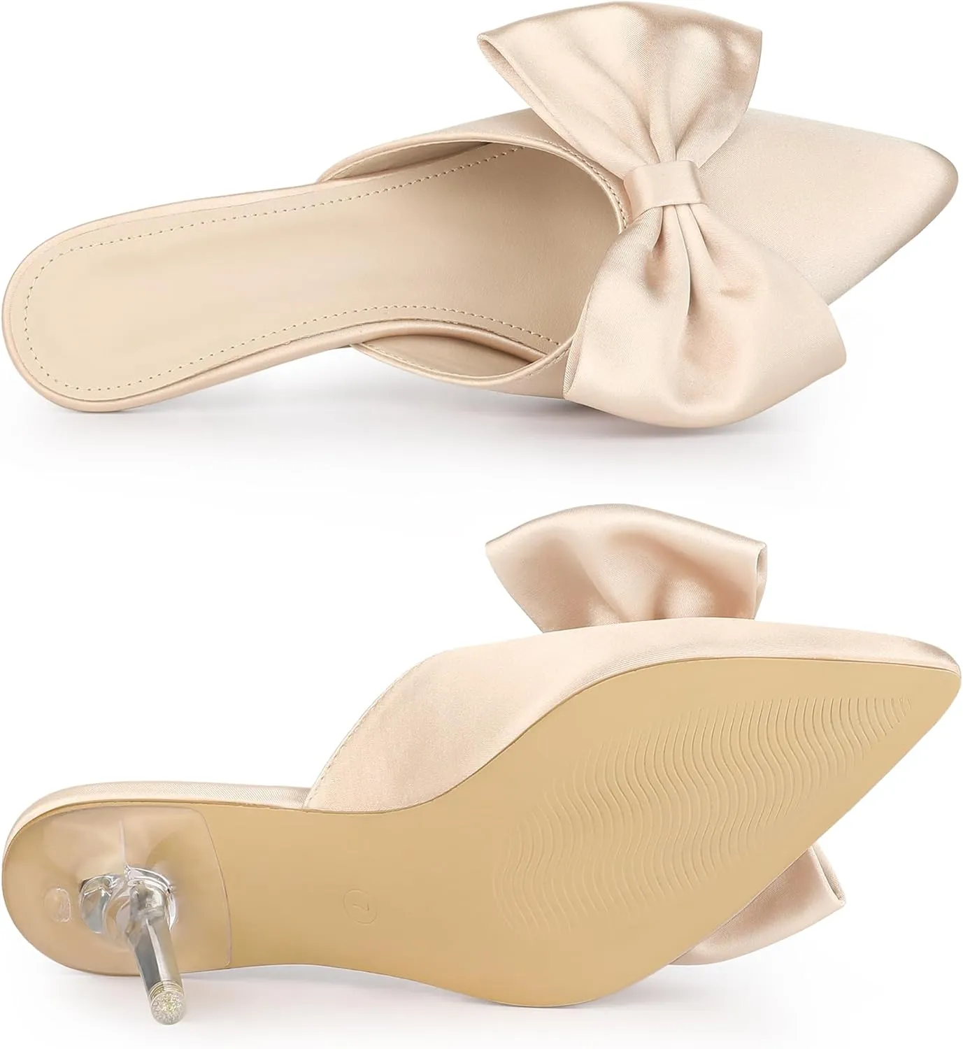 Allegra K Women's Bow Heels Satin Pointed Toe Stiletto Heels Mules