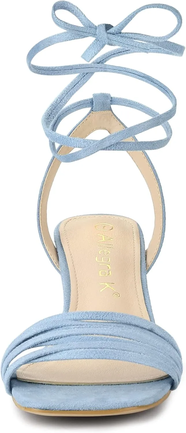 Allegra K Women's Kitten Heel Lace Up Suede Heel Sandals