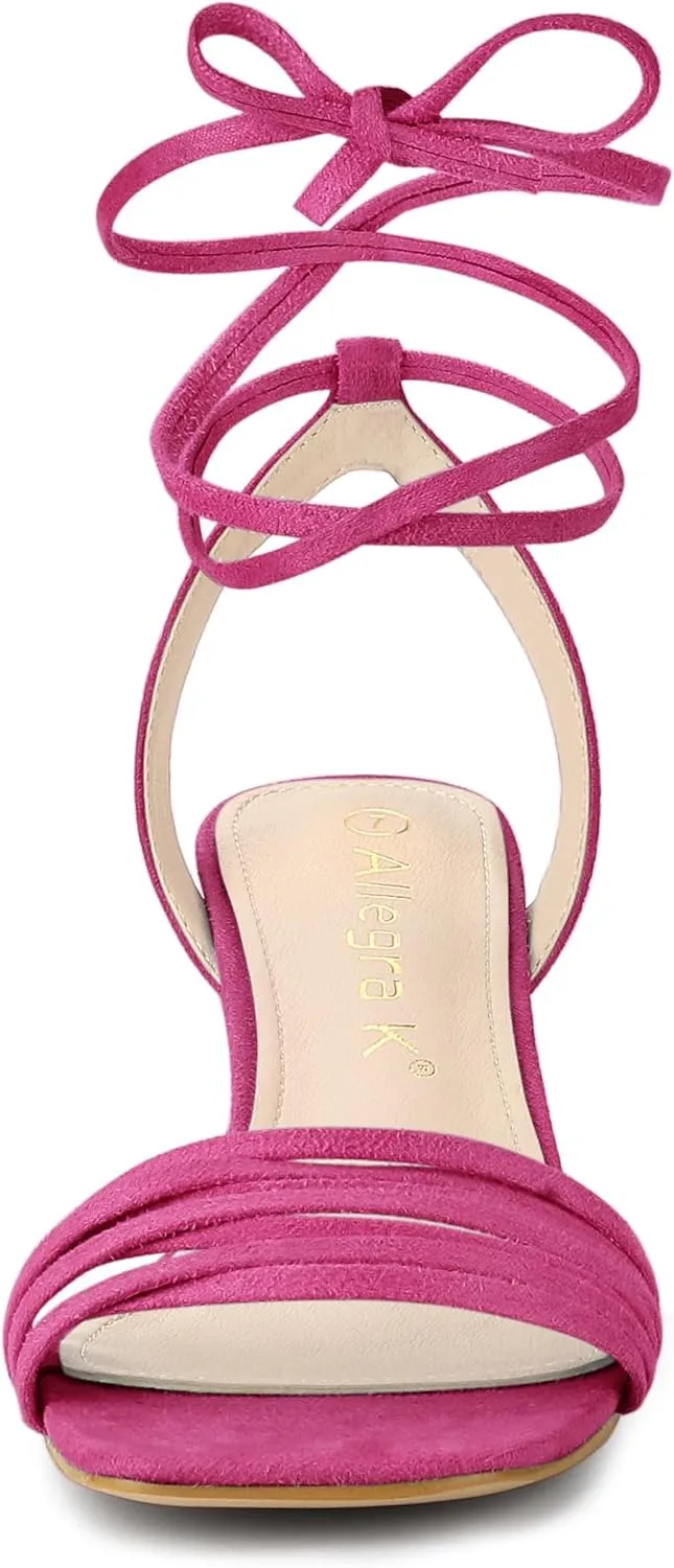 Allegra K Women's Kitten Heel Lace Up Suede Heel Sandals