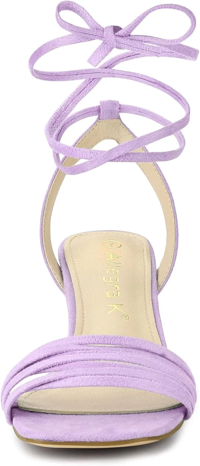 Allegra K Women's Kitten Heel Lace Up Suede Heel Sandals