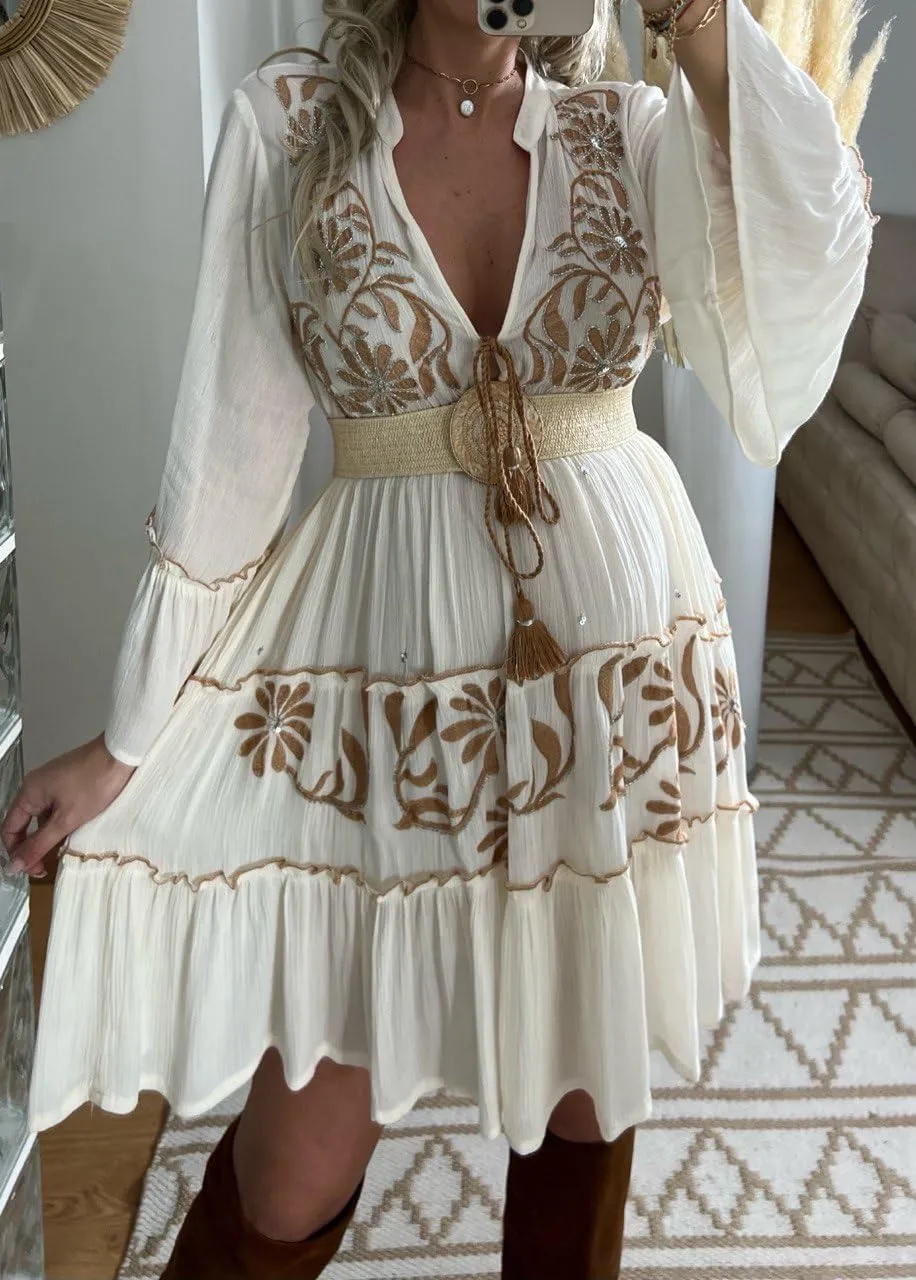 Boho Floral Embroidered Mini Dress, V-Neck, Bell Sleeves, White with Brown Pattern, Tiered Ruffle Design, Western Wedding.