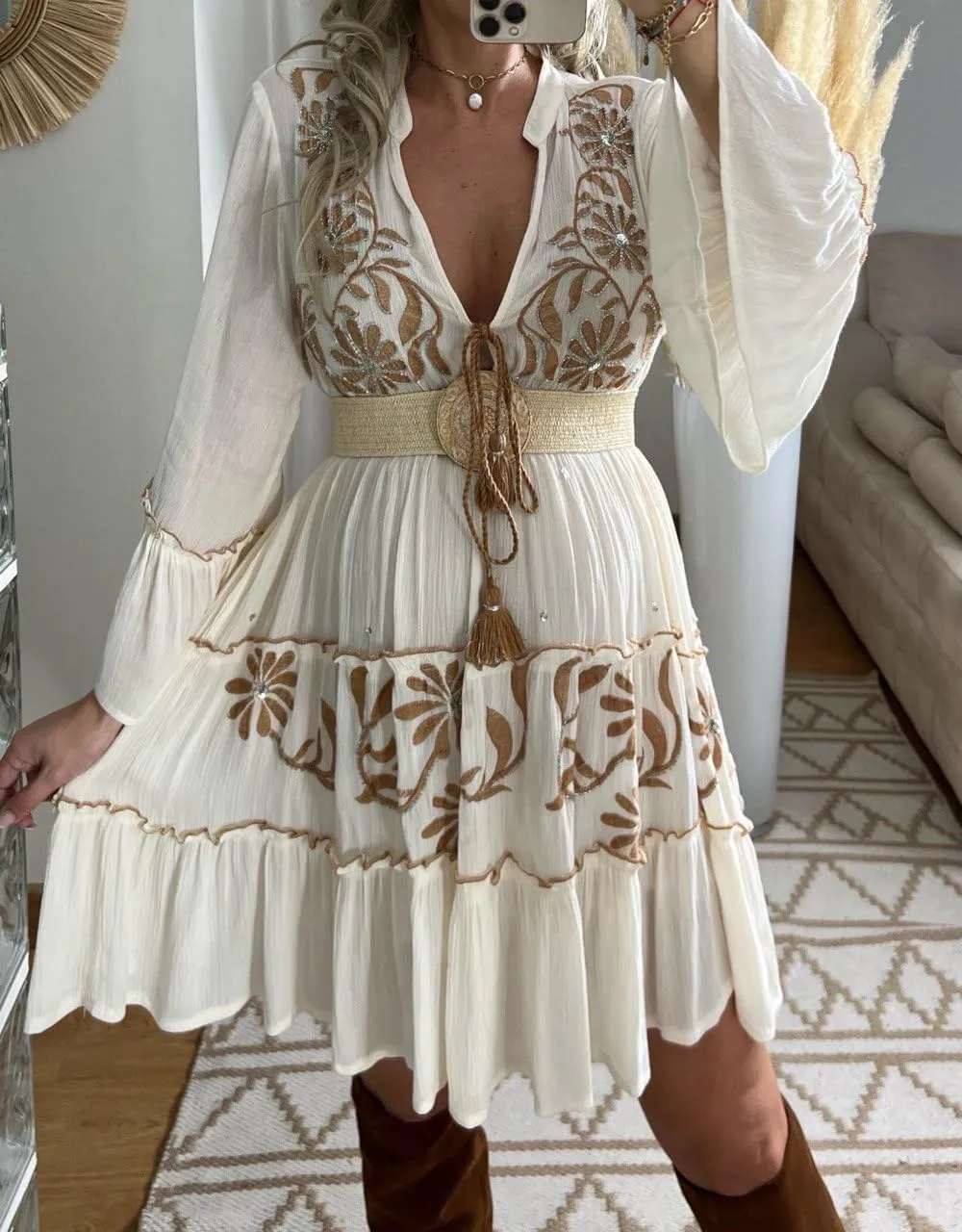 Boho Floral Embroidered Mini Dress, V-Neck, Bell Sleeves, White with Brown Pattern, Tiered Ruffle Design, Western Wedding.