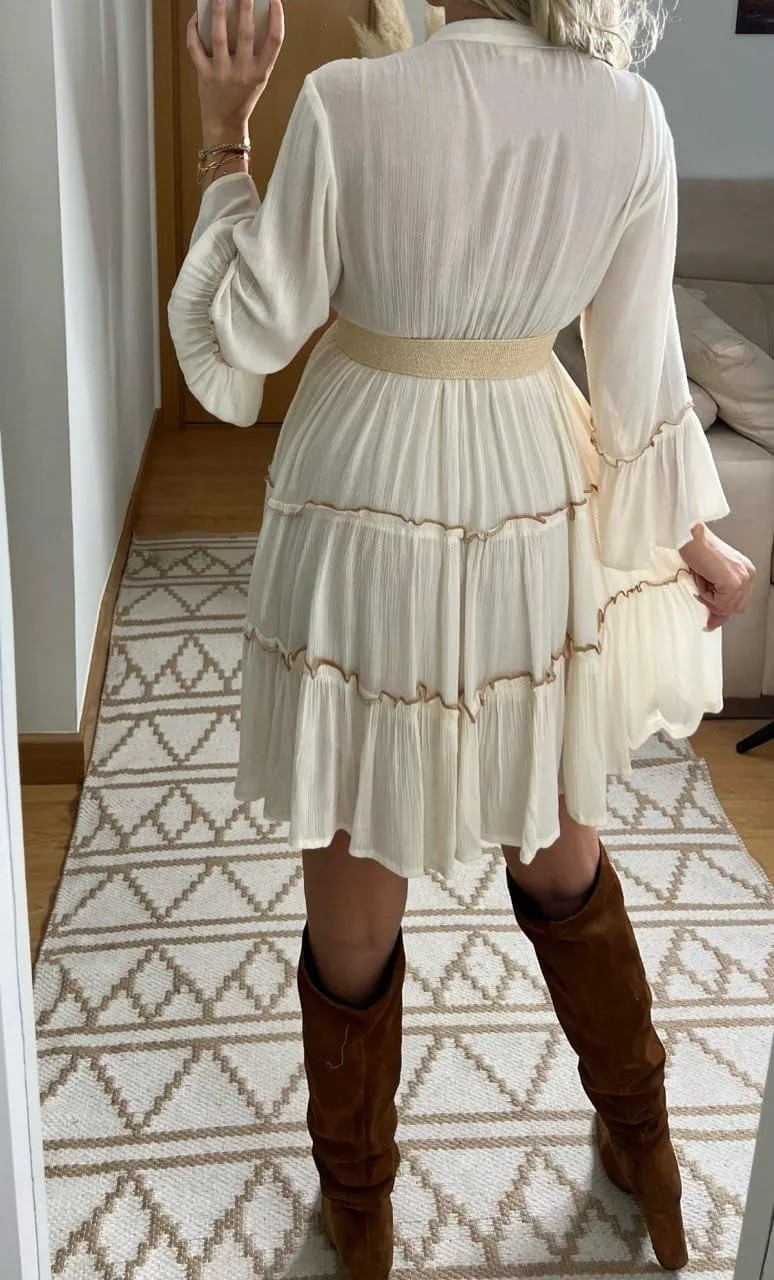 Boho Floral Embroidered Mini Dress, V-Neck, Bell Sleeves, White with Brown Pattern, Tiered Ruffle Design, Western Wedding.