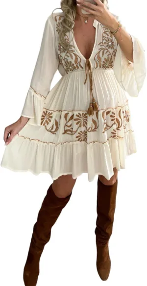 Boho Floral Embroidered Mini Dress, V-Neck, Bell Sleeves, White with Brown Pattern, Tiered Ruffle Design, Western Wedding.