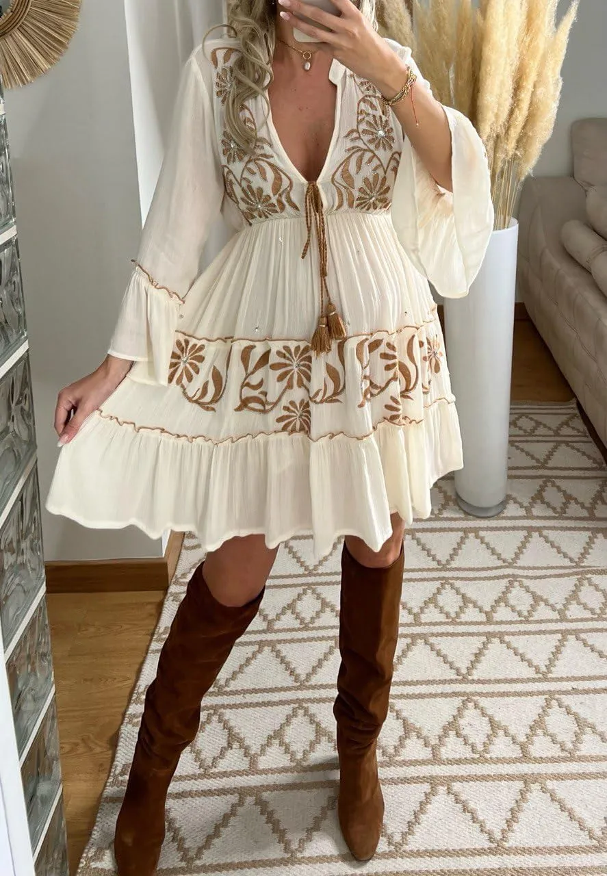 Boho Floral Embroidered Mini Dress, V-Neck, Bell Sleeves, White with Brown Pattern, Tiered Ruffle Design, Western Wedding.