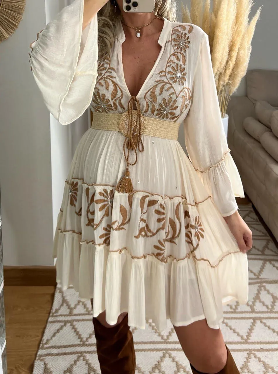 Boho Floral Embroidered Mini Dress, V-Neck, Bell Sleeves, White with Brown Pattern, Tiered Ruffle Design, Western Wedding.