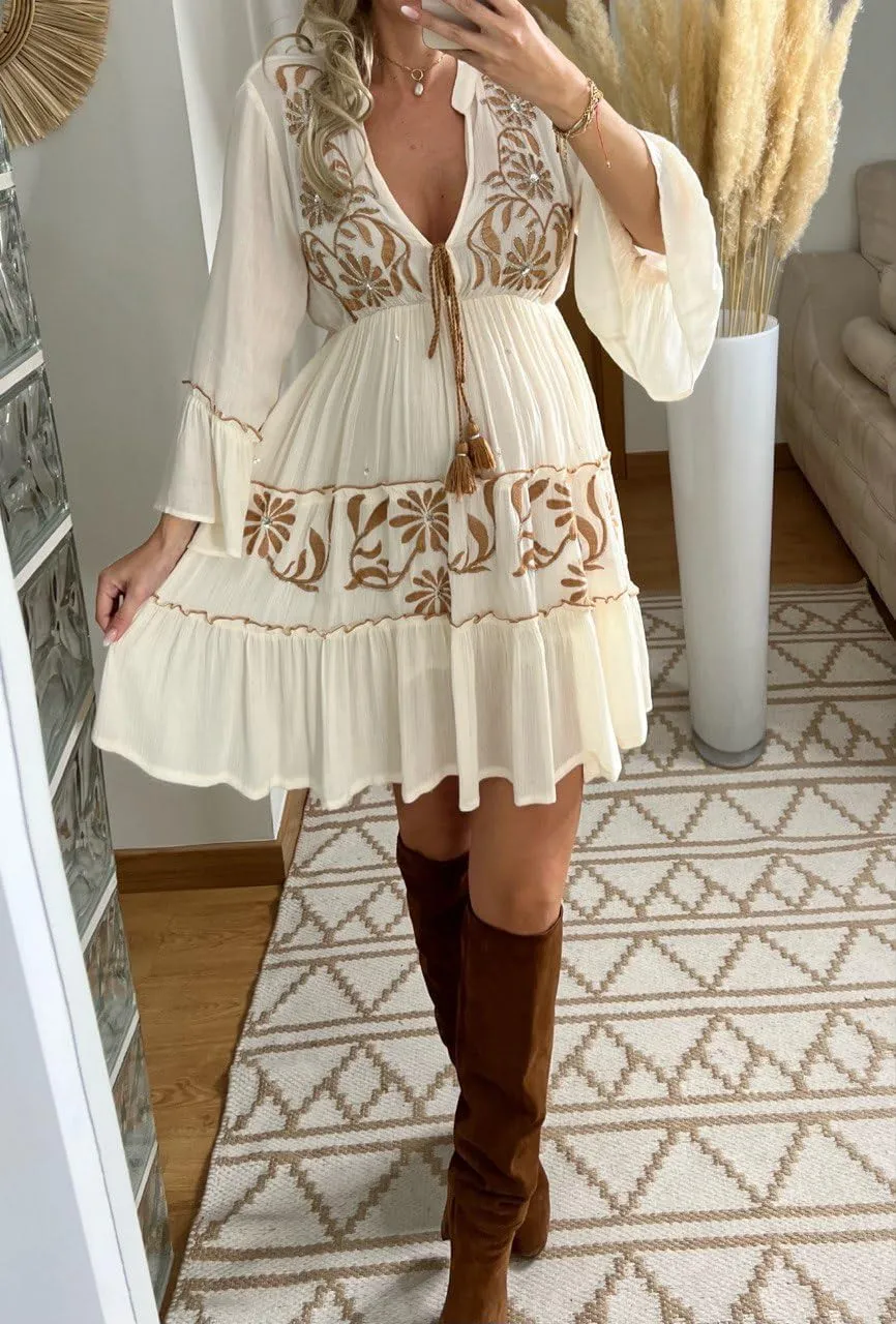 Boho Floral Embroidered Mini Dress, V-Neck, Bell Sleeves, White with Brown Pattern, Tiered Ruffle Design, Western Wedding.