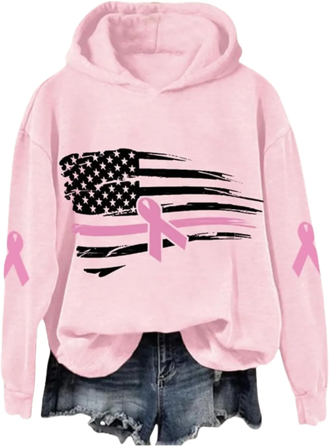Breast Cancer Awareness Hoodies Women Pink Ribbon American Flag Sweatshirt Casual Long Sleeve Pullover Tops with Hood