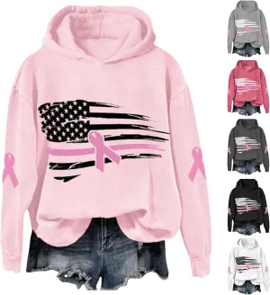 Breast Cancer Awareness Hoodies Women Pink Ribbon American Flag Sweatshirt Casual Long Sleeve Pullover Tops with Hood