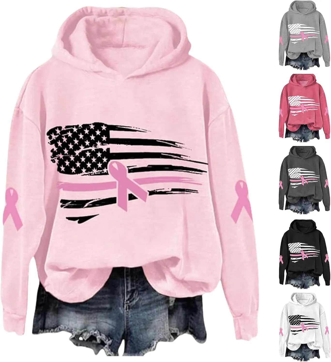 Breast Cancer Awareness Hoodies Women Pink Ribbon American Flag Sweatshirt Casual Long Sleeve Pullover Tops with Hood