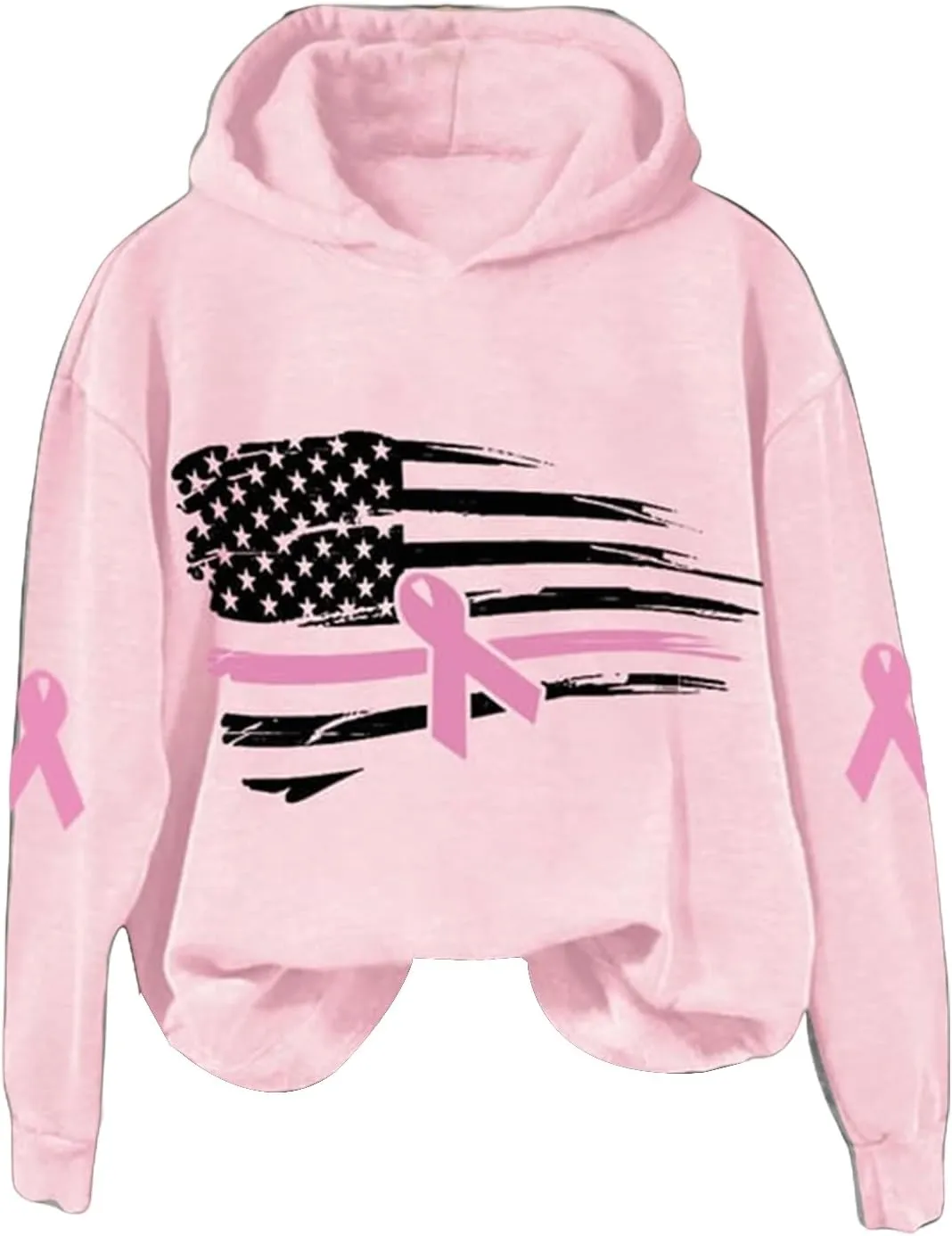 Breast Cancer Awareness Hoodies Women Pink Ribbon American Flag Sweatshirt Casual Long Sleeve Pullover Tops with Hood