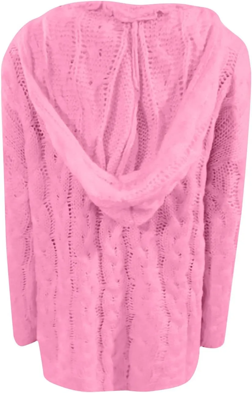 Cable Knit Sweater for Women Oversized Hoodie Sweaters Long Sleeve V Neck Pullover Top Loose Hooded Jumper Knitwear
