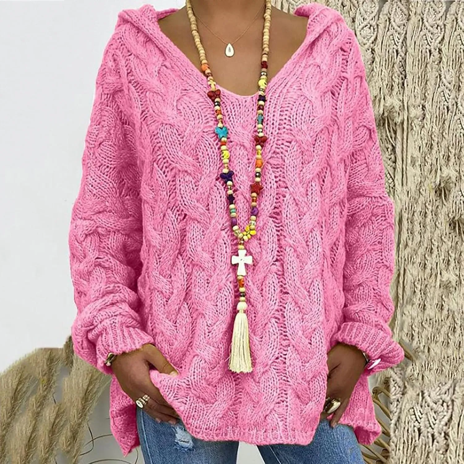 Cable Knit Sweater for Women Oversized Hoodie Sweaters Long Sleeve V Neck Pullover Top Loose Hooded Jumper Knitwear