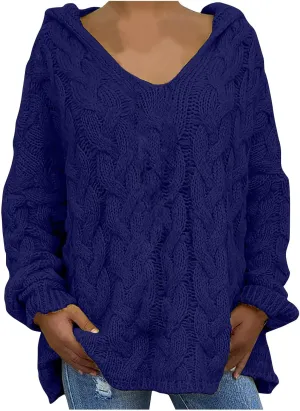 Cable Knit Sweater for Women Oversized Hoodie Sweaters Long Sleeve V Neck Pullover Top Loose Hooded Jumper Knitwear