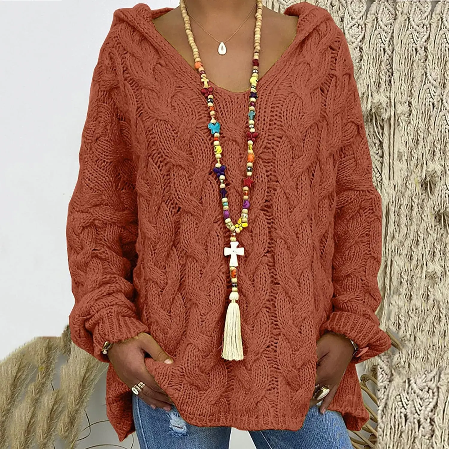 Cable Knit Sweater for Women Oversized Hoodie Sweaters Long Sleeve V Neck Pullover Top Loose Hooded Jumper Knitwear