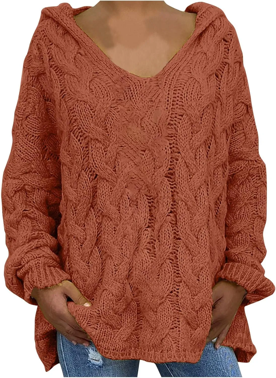 Cable Knit Sweater for Women Oversized Hoodie Sweaters Long Sleeve V Neck Pullover Top Loose Hooded Jumper Knitwear