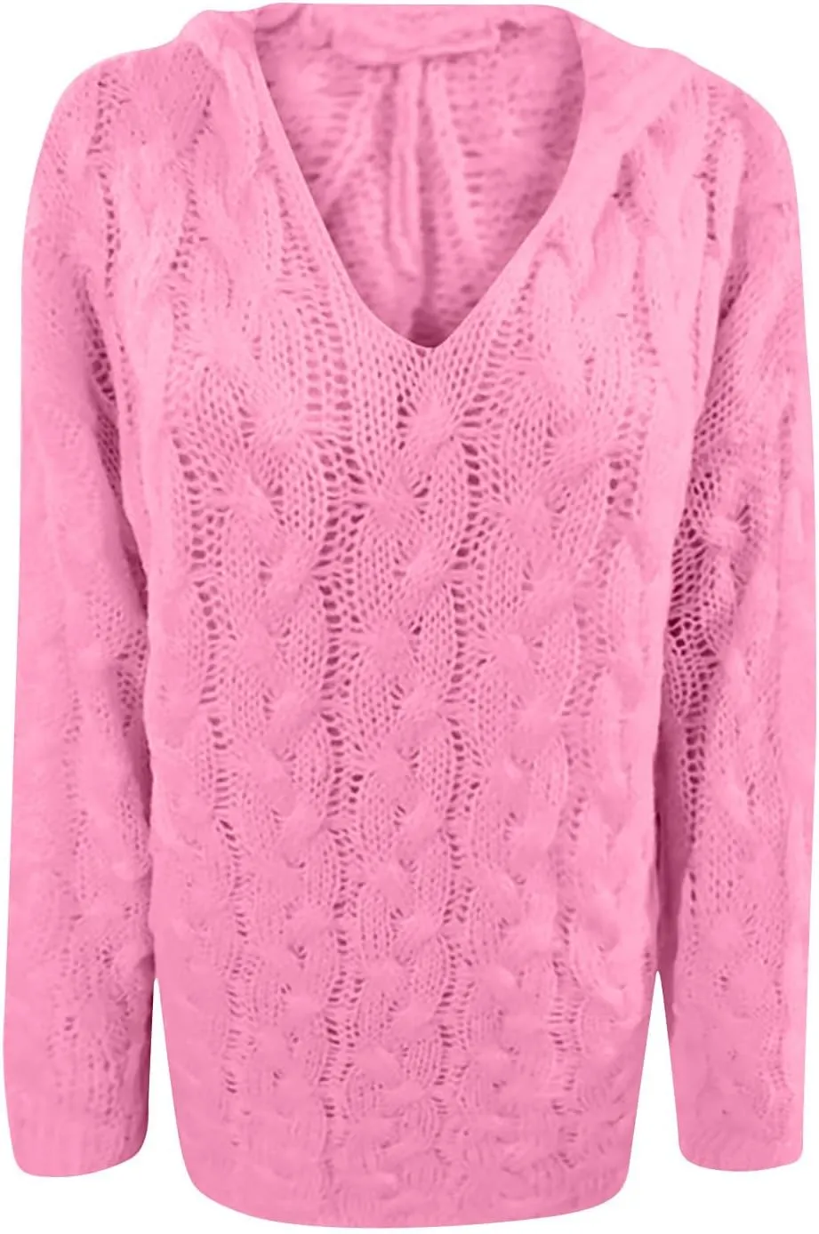 Cable Knit Sweater for Women Oversized Hoodie Sweaters Long Sleeve V Neck Pullover Top Loose Hooded Jumper Knitwear