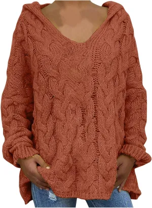 Cable Knit Sweater for Women Oversized Hoodie Sweaters Long Sleeve V Neck Pullover Top Loose Hooded Jumper Knitwear