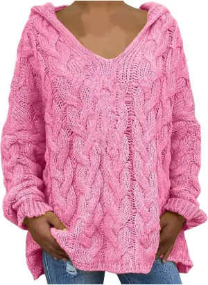 Cable Knit Sweater for Women Oversized Hoodie Sweaters Long Sleeve V Neck Pullover Top Loose Hooded Jumper Knitwear