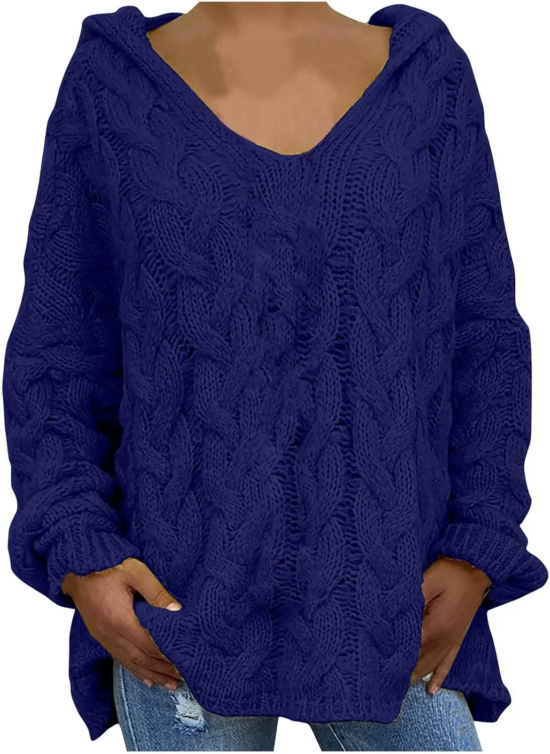 Cable Knit Sweater for Women Oversized Hoodie Sweaters Long Sleeve V Neck Pullover Top Loose Hooded Jumper Knitwear