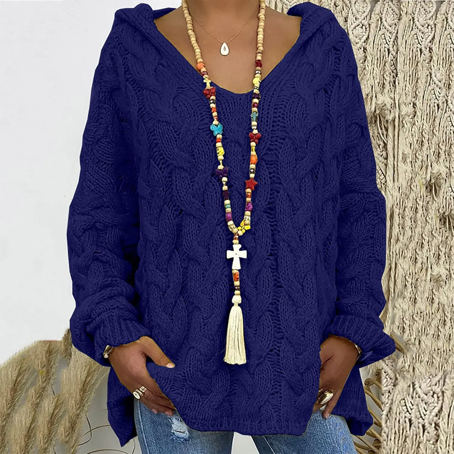 Cable Knit Sweater for Women Oversized Hoodie Sweaters Long Sleeve V Neck Pullover Top Loose Hooded Jumper Knitwear
