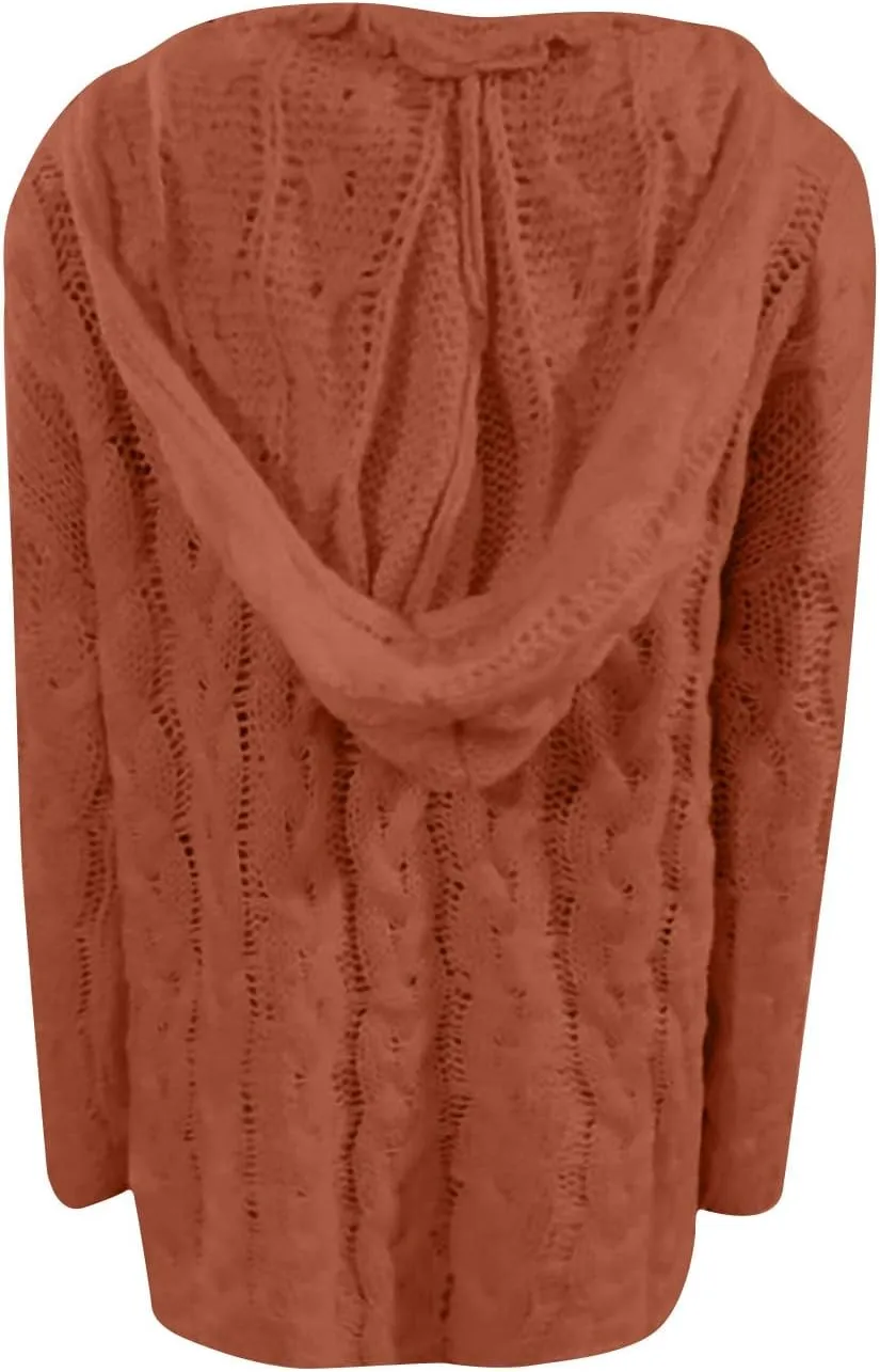 Cable Knit Sweater for Women Oversized Hoodie Sweaters Long Sleeve V Neck Pullover Top Loose Hooded Jumper Knitwear