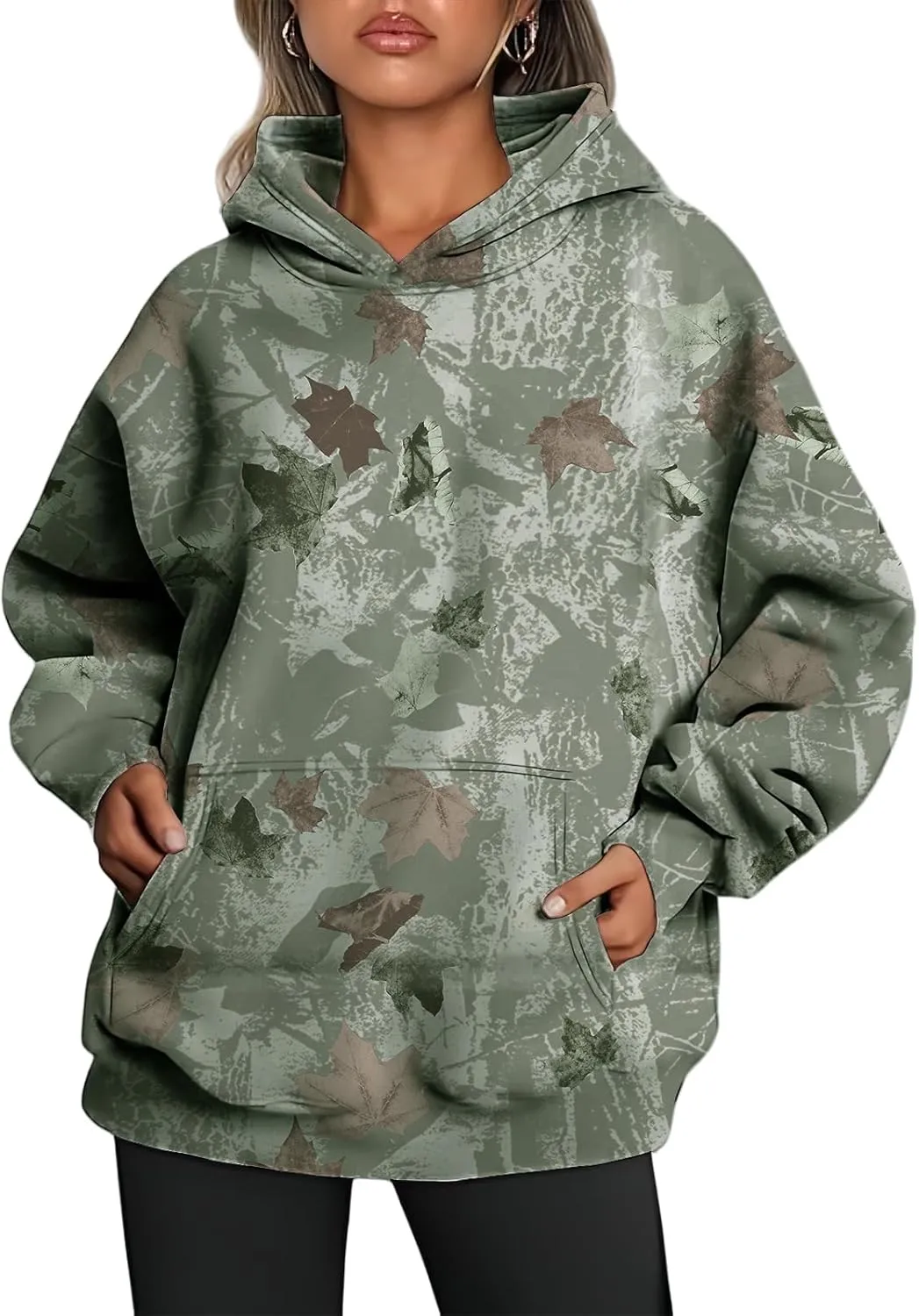 Camo Hoodies Womens Sweatshirt Maple Leaf Print Oversized Fleece Sweatshirts Classic Pullover Tunic Tops with Pocket