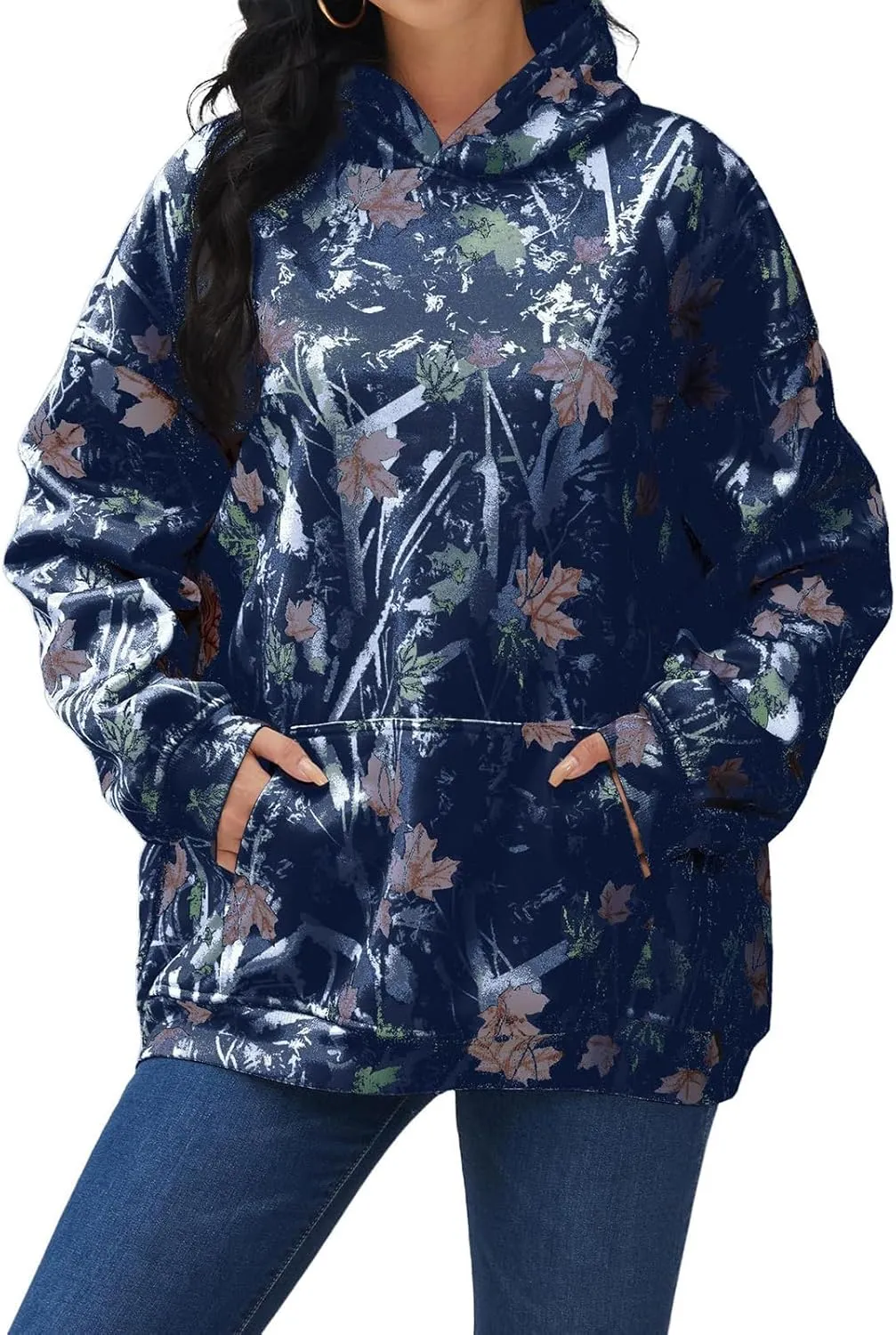 Camo Hoodies Womens Sweatshirt Maple Leaf Print Oversized Fleece Sweatshirts Classic Pullover Tunic Tops with Pocket