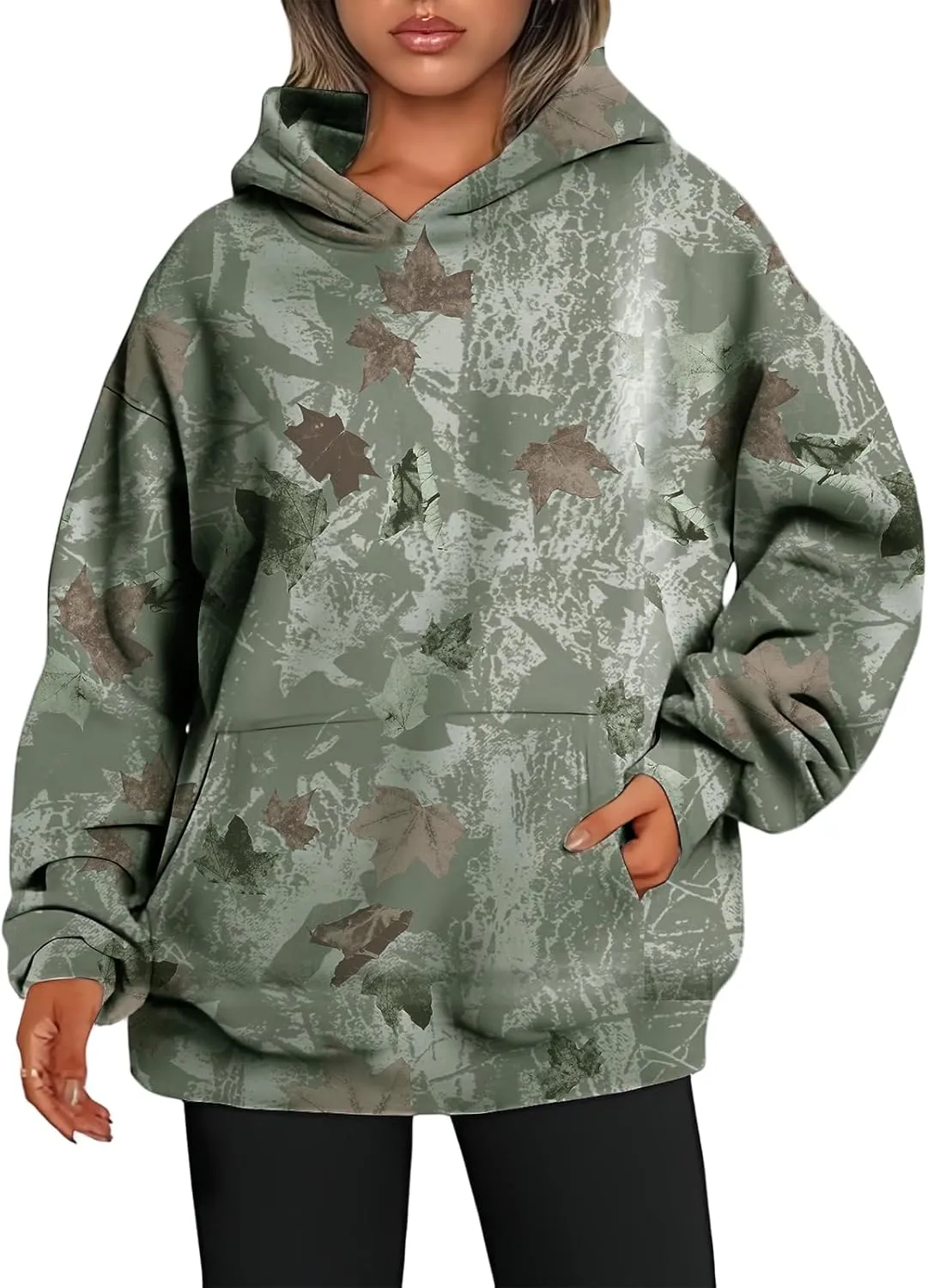 Camo Hoodies Womens Sweatshirt Maple Leaf Print Oversized Fleece Sweatshirts Classic Pullover Tunic Tops with Pocket