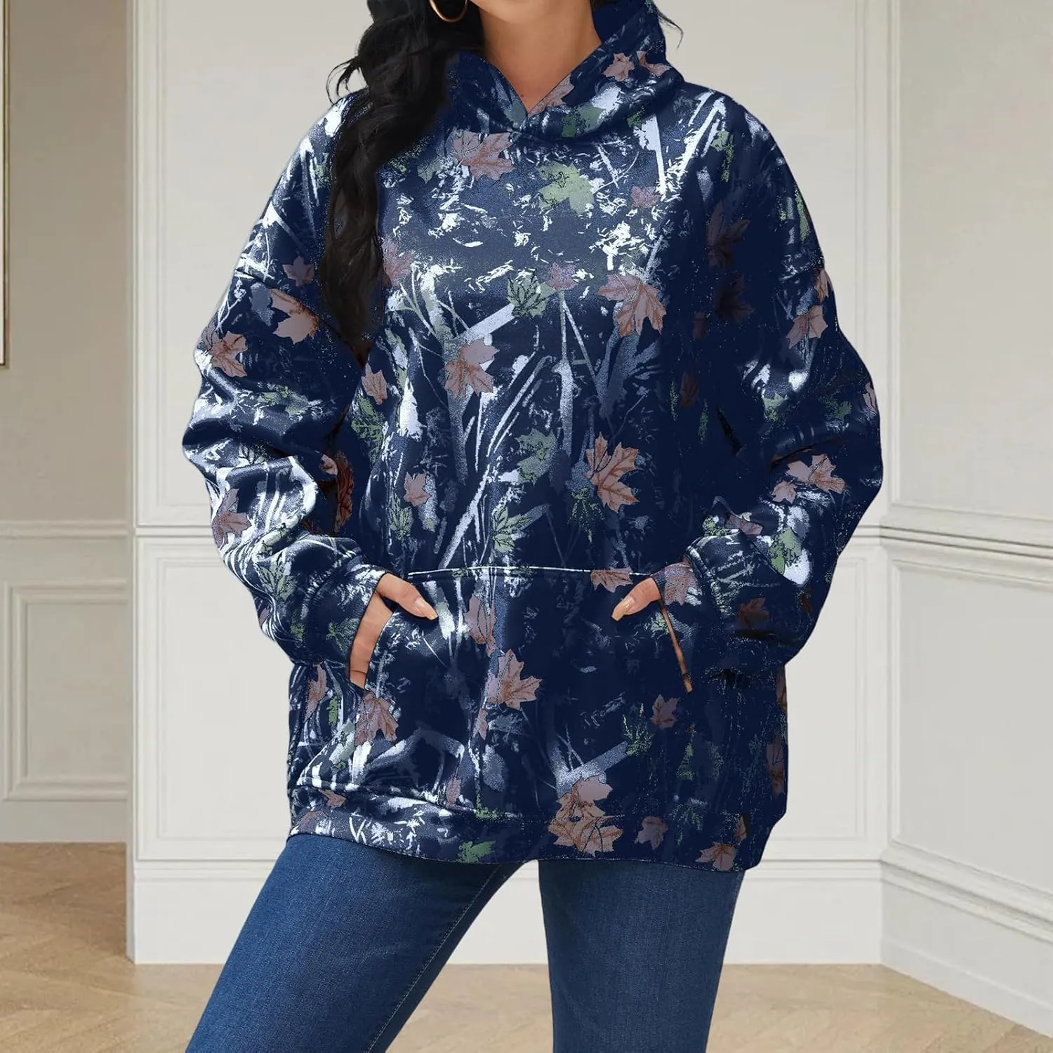 Camo Hoodies Womens Sweatshirt Maple Leaf Print Oversized Fleece Sweatshirts Classic Pullover Tunic Tops with Pocket