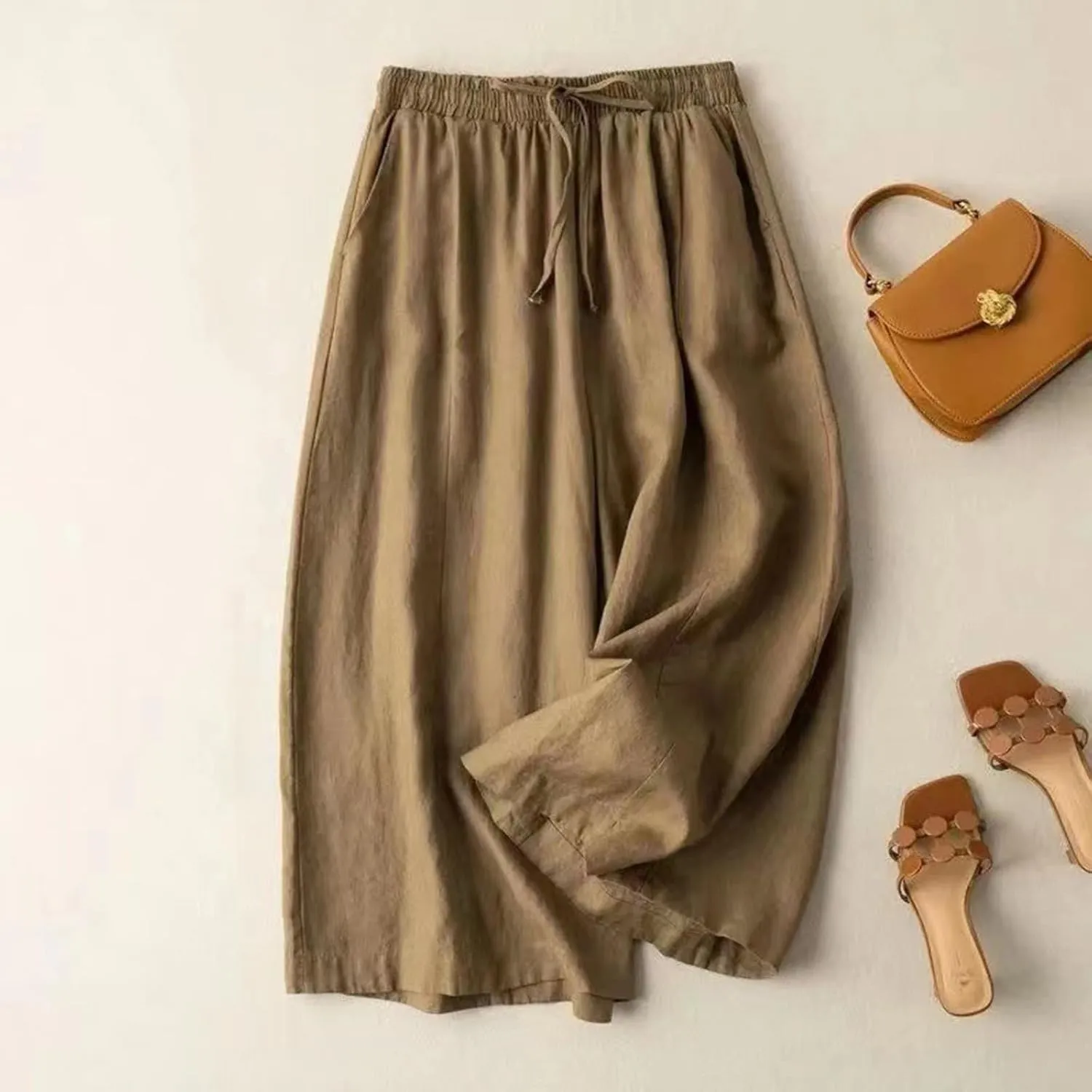 Capri Pants for Women Flowy Beach Pants Summer Elastic Pants Linen Palazzo Pants Workout Soft Pants Trousers