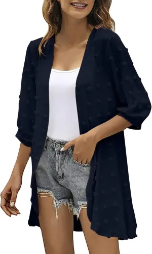 Cardigan for Women Dressy Fall 3/4 Sleeve Open Front Lightweight Cardigans Casual Swiss Dot Chiffon Beach Coverups