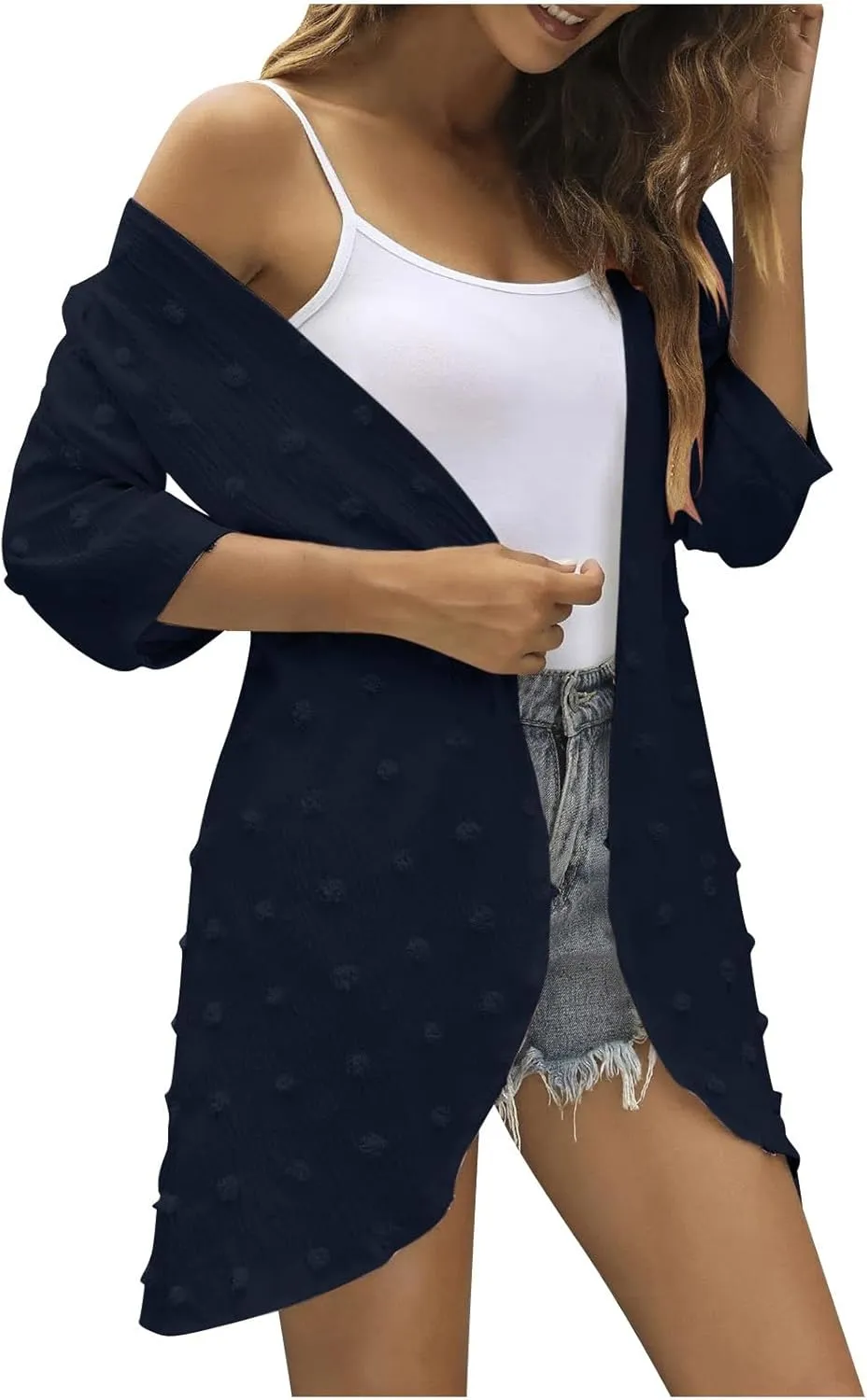 Cardigan for Women Dressy Fall 3/4 Sleeve Open Front Lightweight Cardigans Casual Swiss Dot Chiffon Beach Coverups