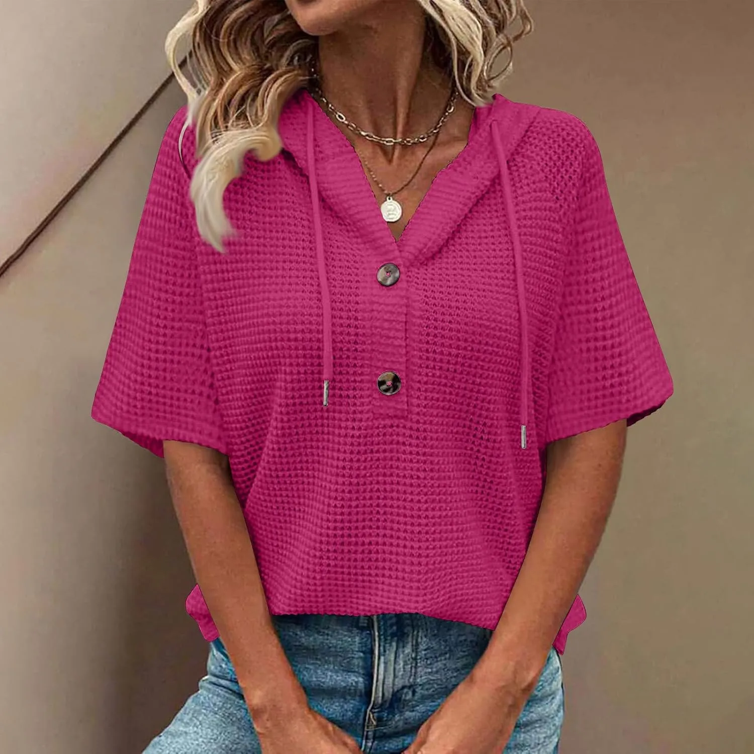 Casual Solid Button-up Hoodies for Women Summer Basic V Neck Half Sleeve Shirt Loose Oversized Dressy Ladies Blouse