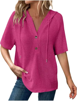Casual Solid Button-up Hoodies for Women Summer Basic V Neck Half Sleeve Shirt Loose Oversized Dressy Ladies Blouse