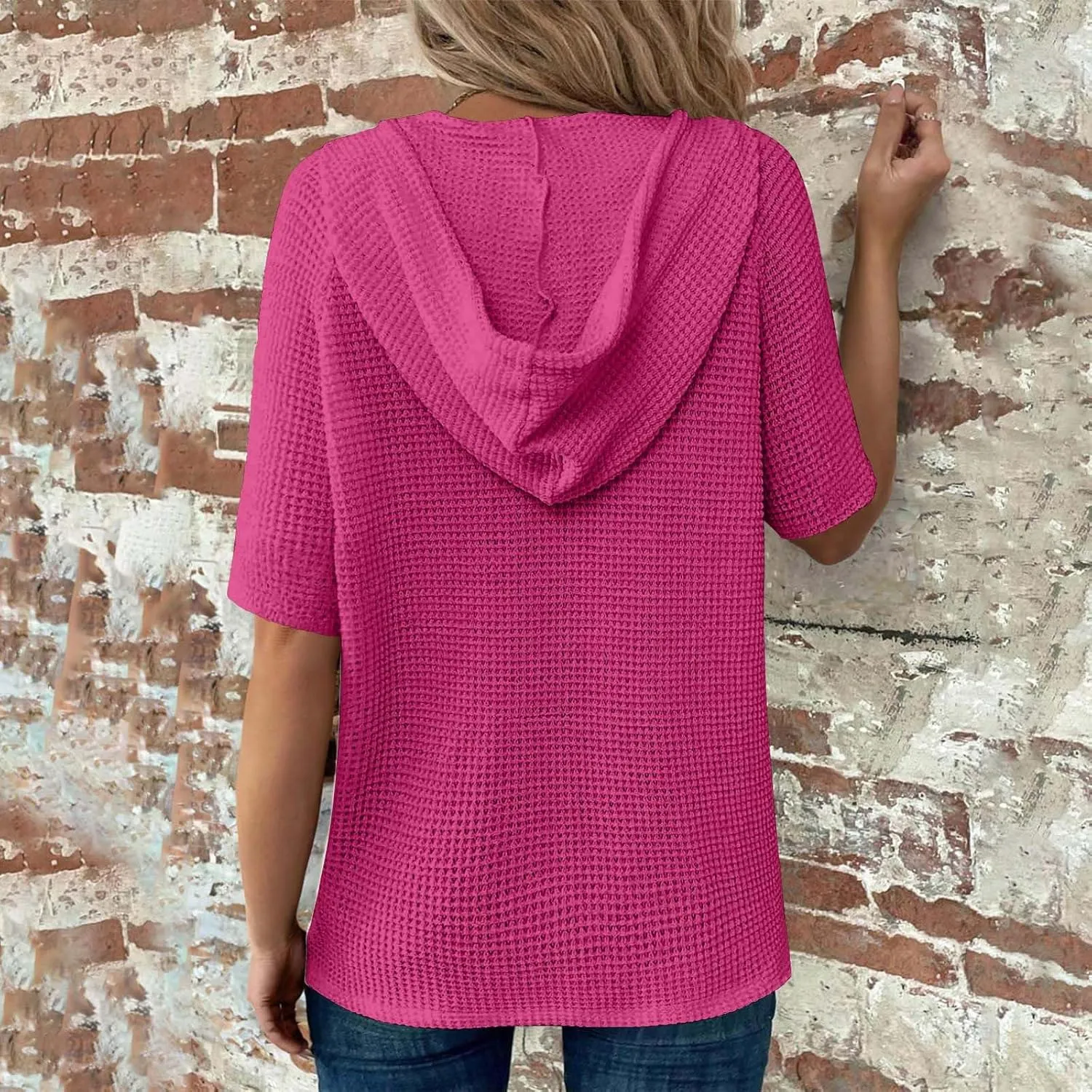 Casual Solid Button-up Hoodies for Women Summer Basic V Neck Half Sleeve Shirt Loose Oversized Dressy Ladies Blouse