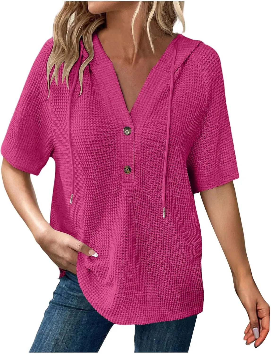 Casual Solid Button-up Hoodies for Women Summer Basic V Neck Half Sleeve Shirt Loose Oversized Dressy Ladies Blouse