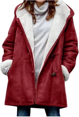 Ceboyel Women Fleece Winter Coats 2023 Sherpa Lined Suede Warm Jackets Hoodies Horn Buttons Long Coat Trendy Outfits Clothes Maternity Coats, Jackets & Vests Wine Xxl