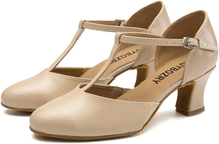Character Shoes for Women T-Strap Closed Toe Latin Salsa Tango Standard Ballroom Dance Shoes,Model D29-Suede Sole-2.33Heel