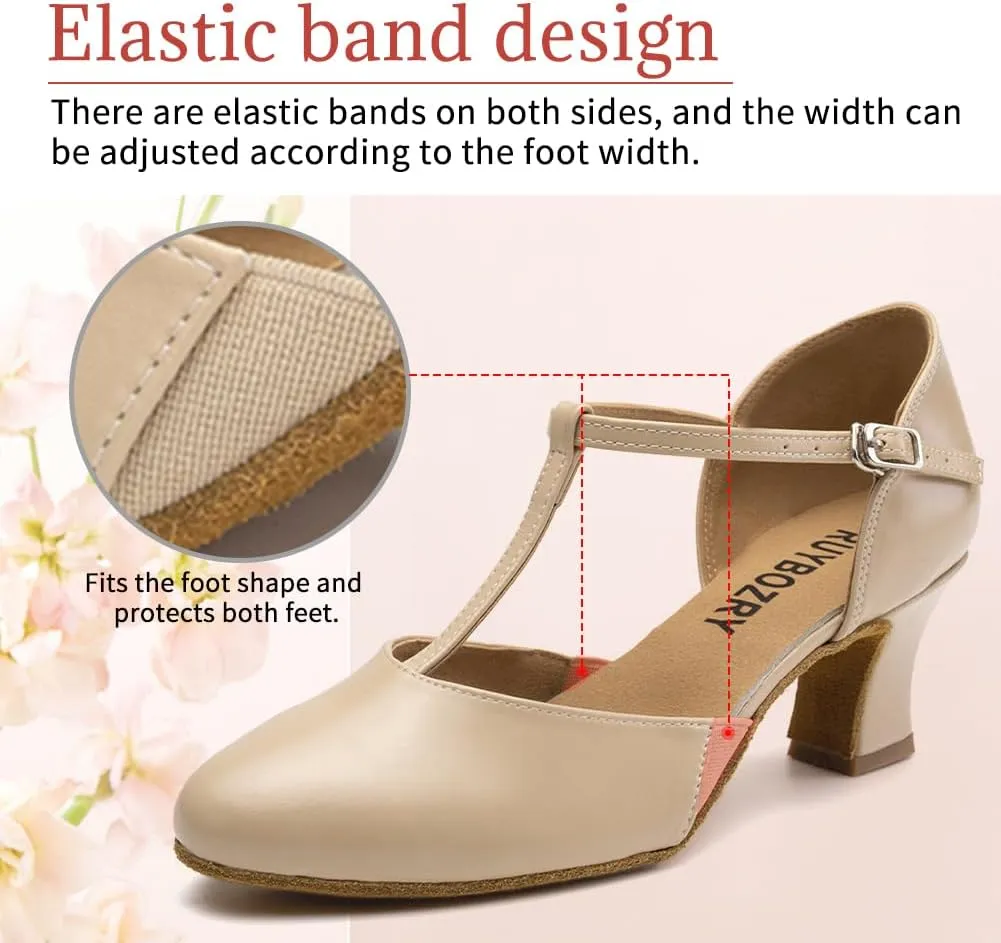 Character Shoes for Women T-Strap Closed Toe Latin Salsa Tango Standard Ballroom Dance Shoes,Model D29-Suede Sole-2.33Heel